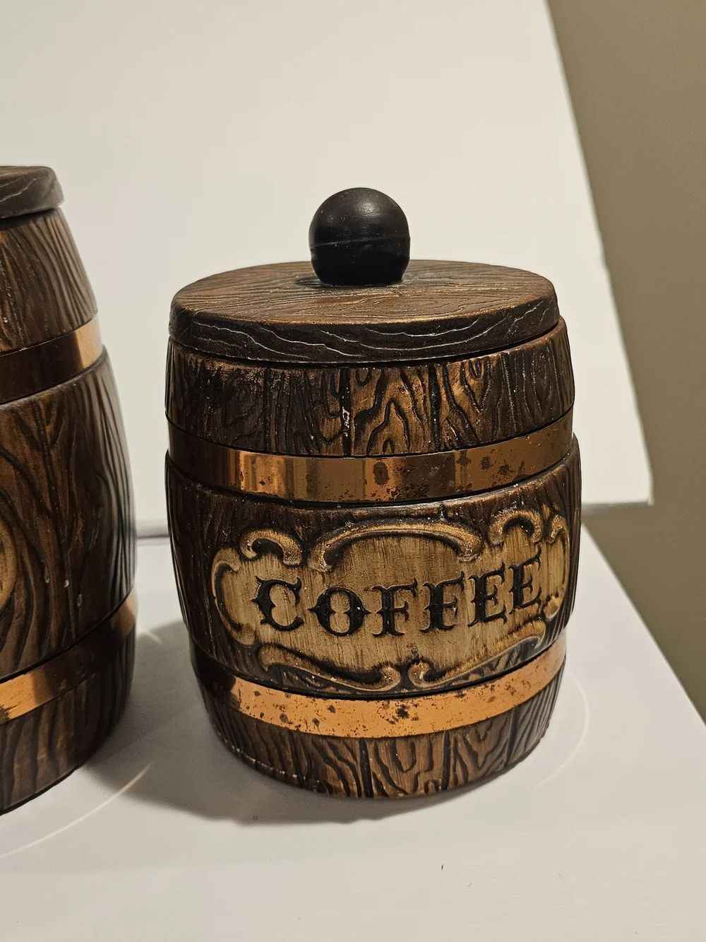 Vintage Treasure Craft Wood Grain Barrel Ceramic Canisters - Brown & Gold